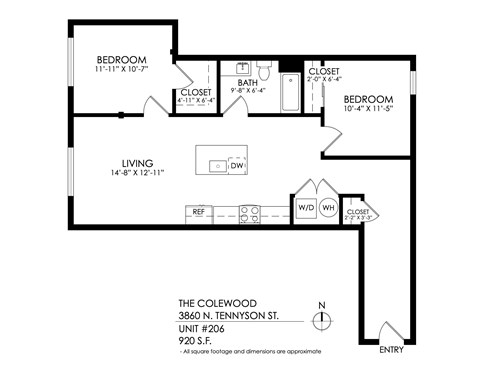 Floor plan for 2 beds, 1 bath, 920 sqft